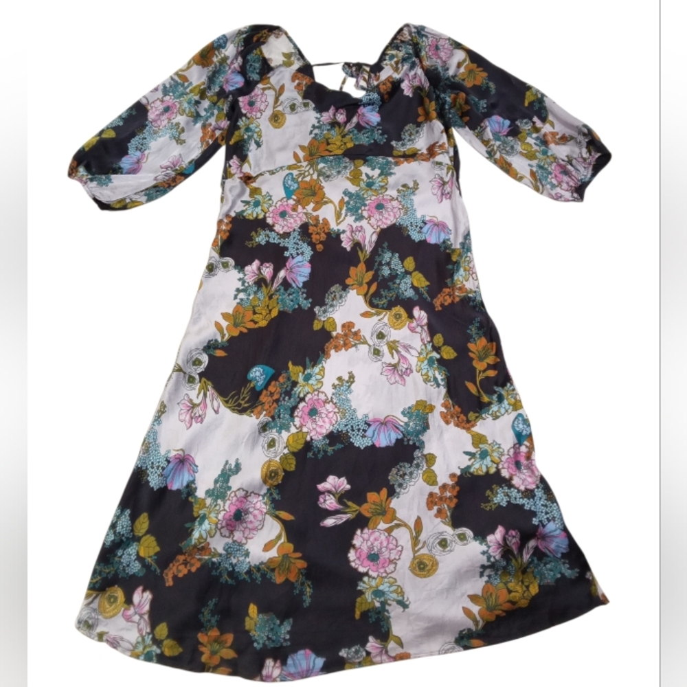 Anthropologie Floral Silk Cowl Neck Puff Sleeve Tie Back Midi Dress Size XL - Picture 7 of 8